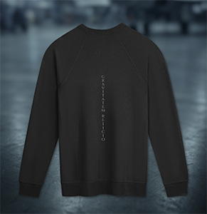 Back view of AeroSpaceNews Rejicio Raglan Sweatshirt with vertical spine text reading 'Gravitatem Rejicio'