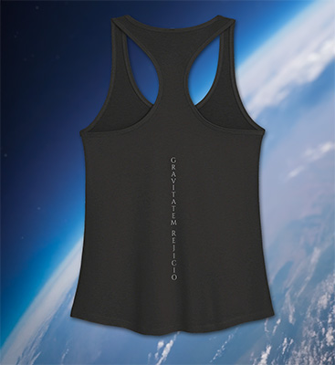 View of the black AeroSpaceNews Experimental Division racerback tank top, featuring the vertical code "Gravitatem Rejicio" (I Reject Gravity) printed along the spine.