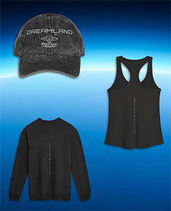 The AeroSpaceNews "Stealth Recovery Kit" apparel bundle, displaying the black Rejicio Racerback Tank, sponge fleece Raglan Sweatshirt with spine text, and the Dreamland Vintage Cap together.